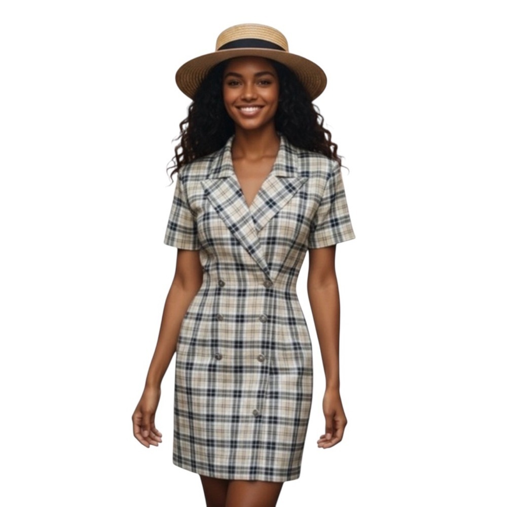 Vintage La Belle Plaid Blazer Dress Double Breasted Size 8 Made in USA